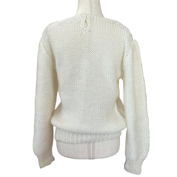 Vintage 80s Sharon Sports Knit Sweater S Acrylic Colorblock White Brown Blue - Picture 5 of 9
